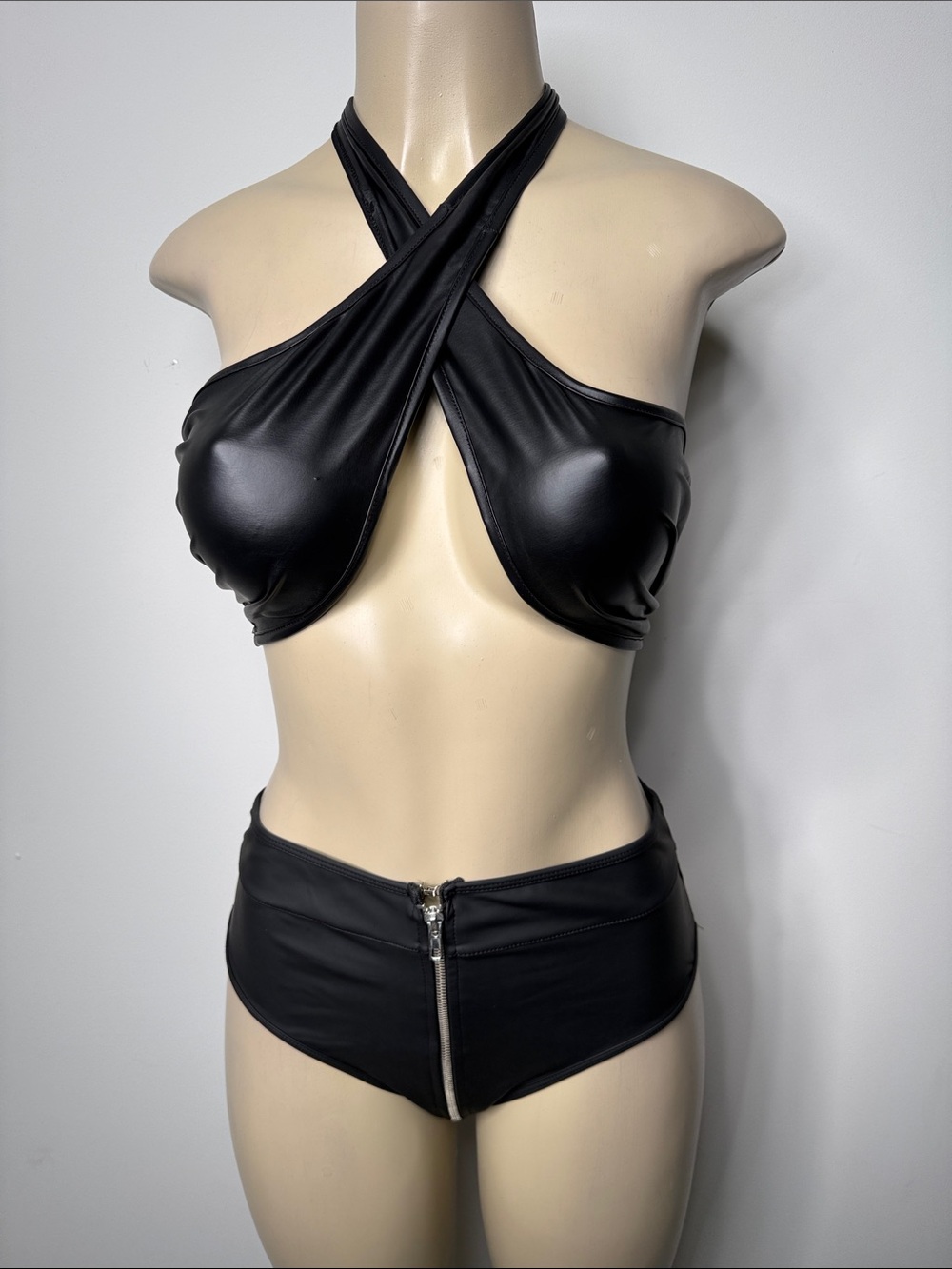 High-Waist Black Faux-Leather Shorts - Women's Zip Front